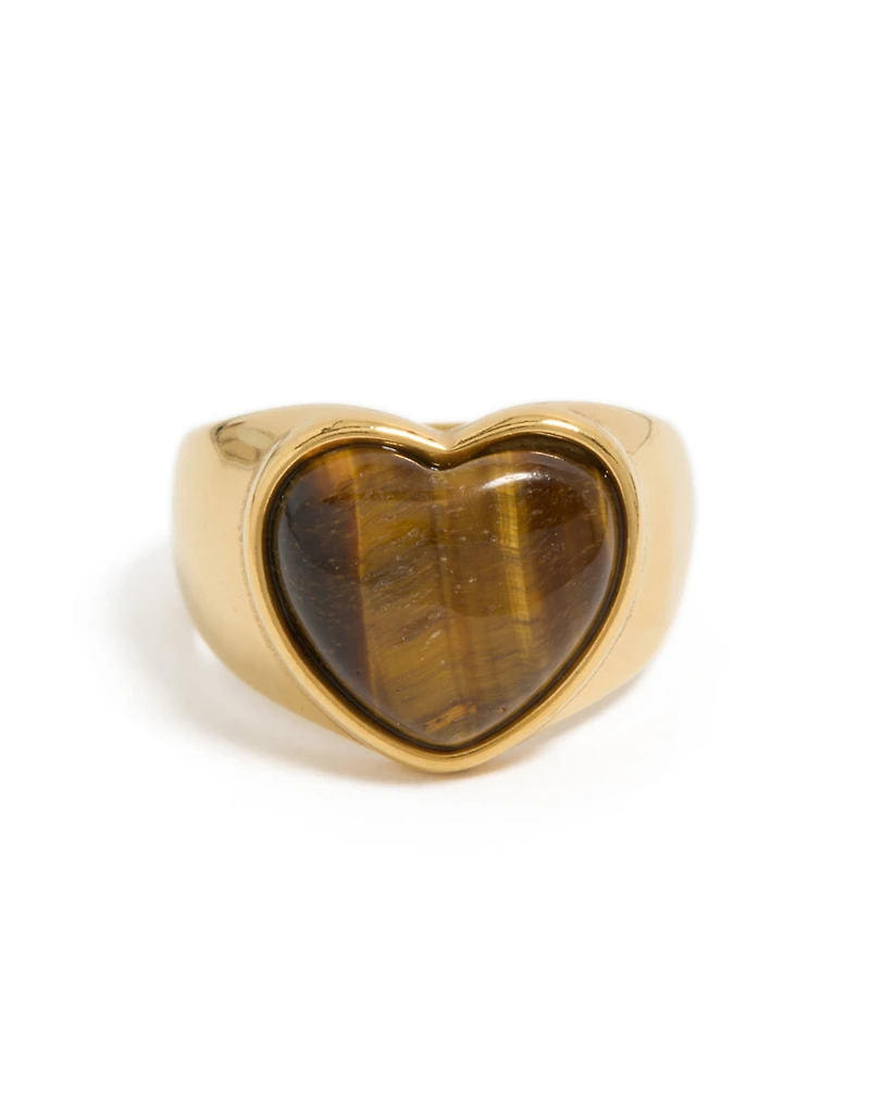 Waterproof Gold Plated Stainless Steel Tigers Eye Stone Heart Ring