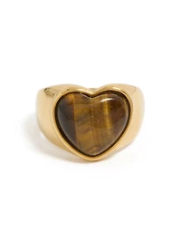 Waterproof Gold Plated Stainless Steel Tigers Eye Stone Heart Ring