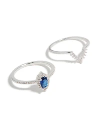 Silver Plated Pear & Blue Cubic Zirconia Crown Stacking Rings 2-Pack
