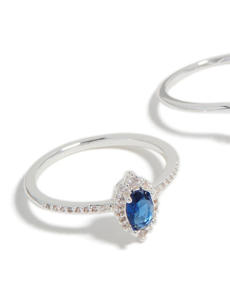 Silver Plated Pear & Blue Cubic Zirconia Crown Stacking Rings 2-Pack