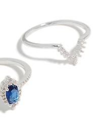 Silver Plated Pear & Blue Cubic Zirconia Crown Stacking Rings 2-Pack