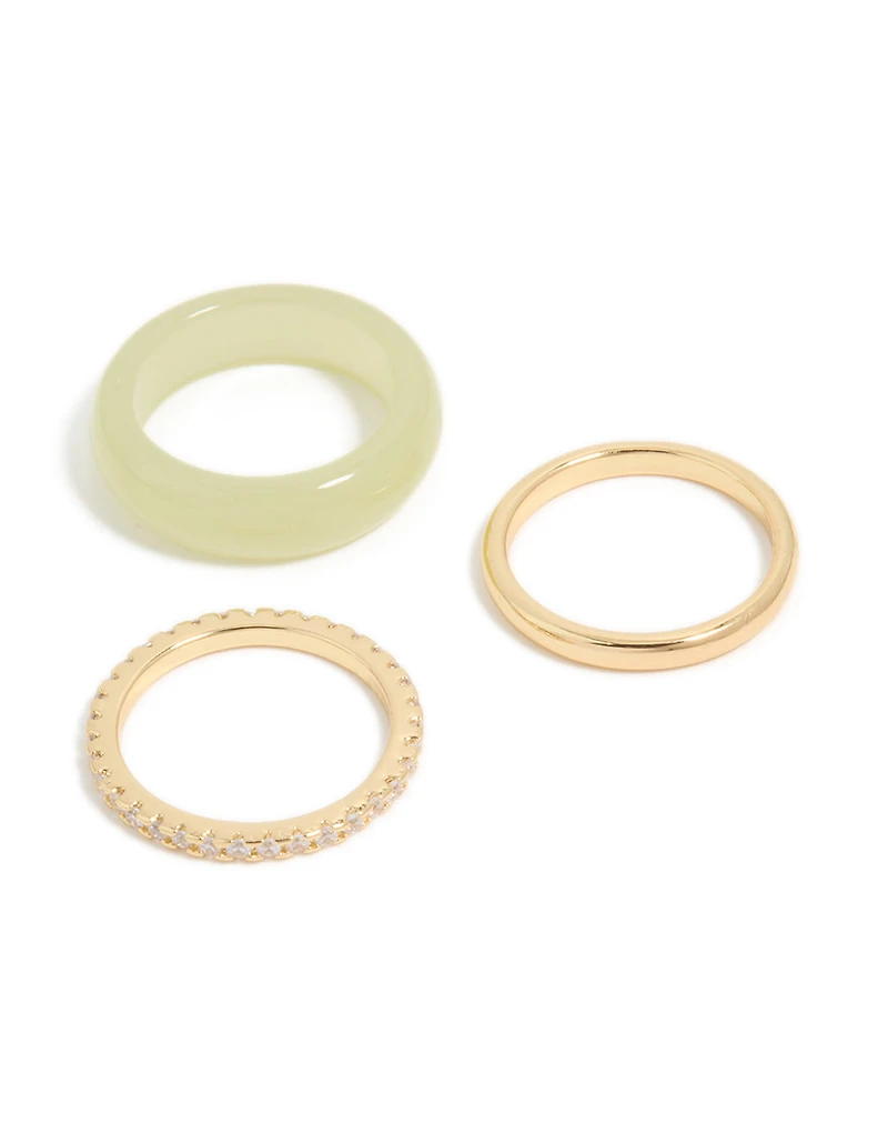 Gold Plated Acrylic & Cubic Zirconia Rings 3-Pack