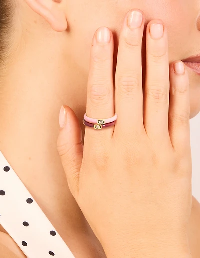 Waterproof Gold Plated Stainless Steel Mini Cubic Zirconia Enamel Rings 2-Pack