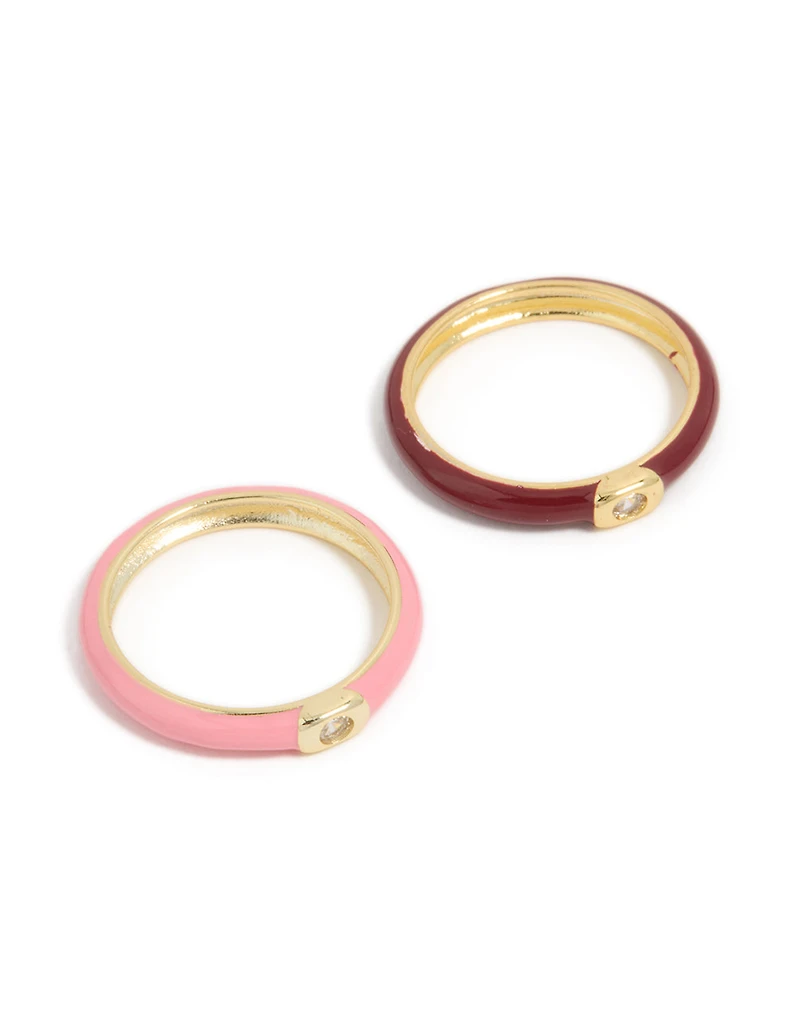Waterproof Gold Plated Stainless Steel Mini Cubic Zirconia Enamel Rings 2-Pack