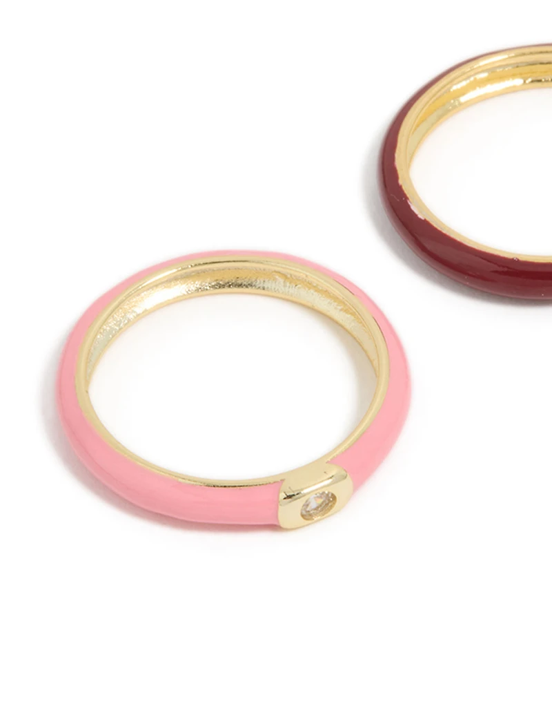 Waterproof Gold Plated Stainless Steel Mini Cubic Zirconia Enamel Rings 2-Pack