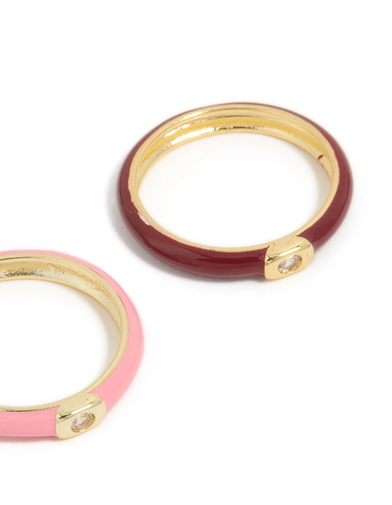 Waterproof Gold Plated Stainless Steel Mini Cubic Zirconia Enamel Rings 2-Pack