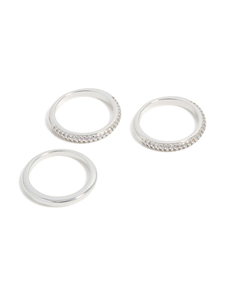 Silver Plated Cubic Zirconia Band Rings 3-Pack