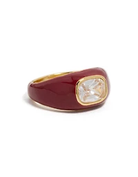 Waterproof Gold Plated Stainless Steel Red Enamel Square Cubic Zirconia Ring