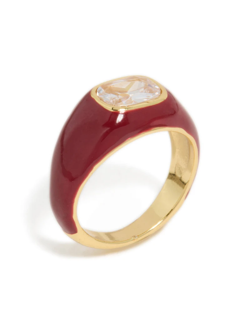 Waterproof Gold Plated Stainless Steel Red Enamel Square Cubic Zirconia Ring