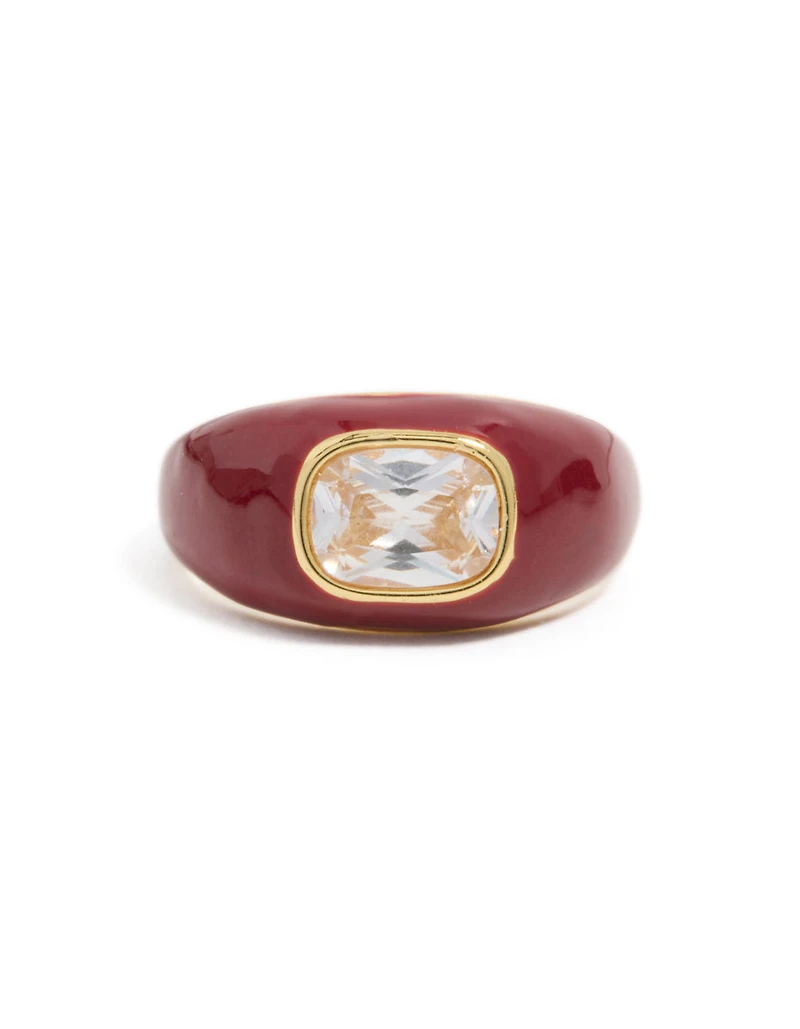 Waterproof Gold Plated Stainless Steel Red Enamel Square Cubic Zirconia Ring
