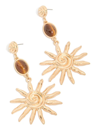 Gold Brown Stone & Large Swirly Sun Drop Earrings