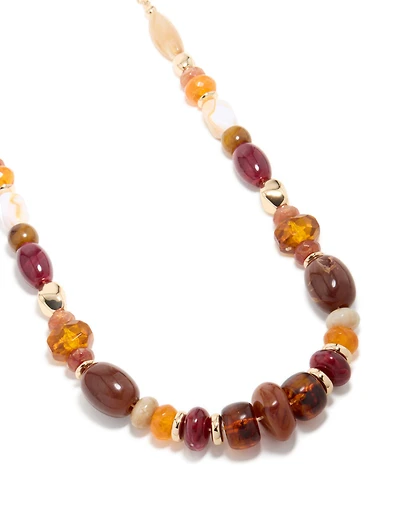 Gold Burgundy & Orange Resin Beaded Necklace