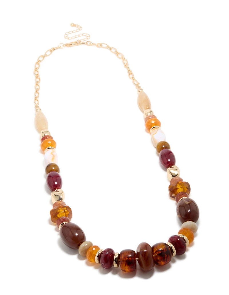 Gold Burgundy & Orange Resin Beaded Necklace