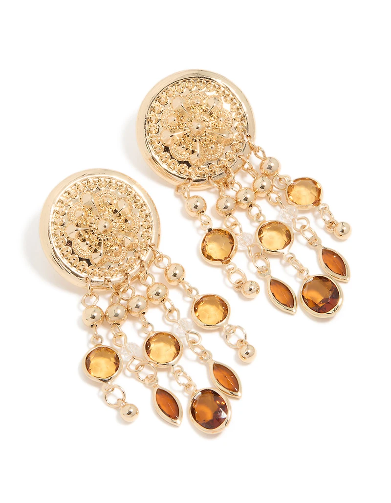 Gold Brown Diamante Festival Dangle Drop Earrings