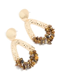 Gold Tigers Eye Semi Precious Stone Chip & Molten Drop Earrings