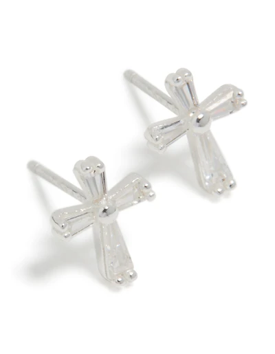 Sterling Silver Cubic Zirconia Cross Stud Earrings