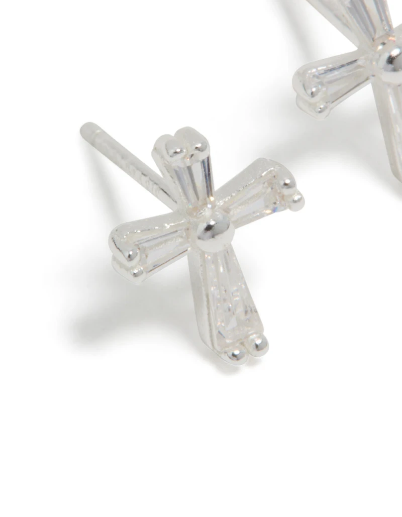 Sterling Silver Cubic Zirconia Cross Stud Earrings