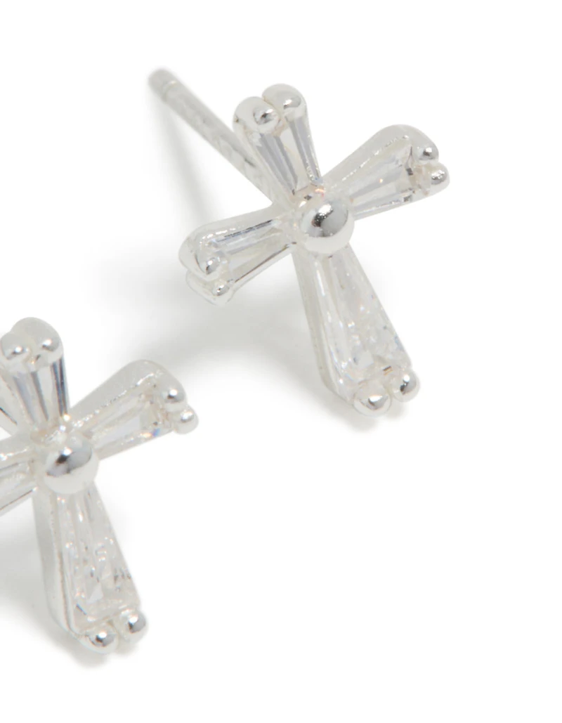 Sterling Silver Cubic Zirconia Cross Stud Earrings