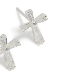 Sterling Silver Cubic Zirconia Cross Stud Earrings
