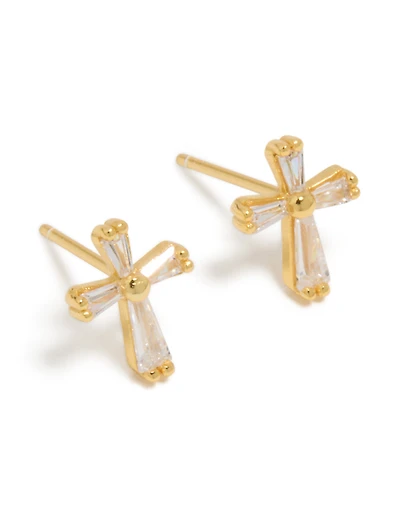 Gold Plated Sterling Silver Cubic Zirconia Cross Stud Earrings