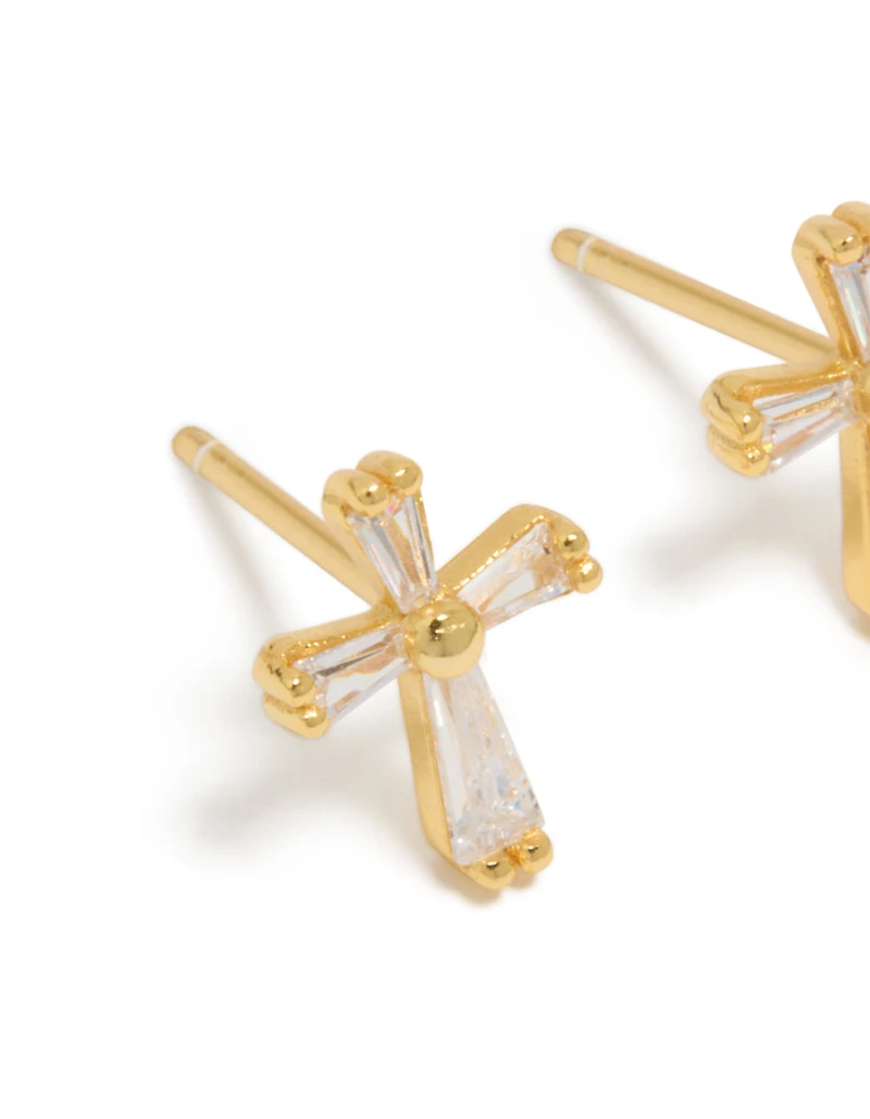 Gold Plated Sterling Silver Cubic Zirconia Cross Stud Earrings