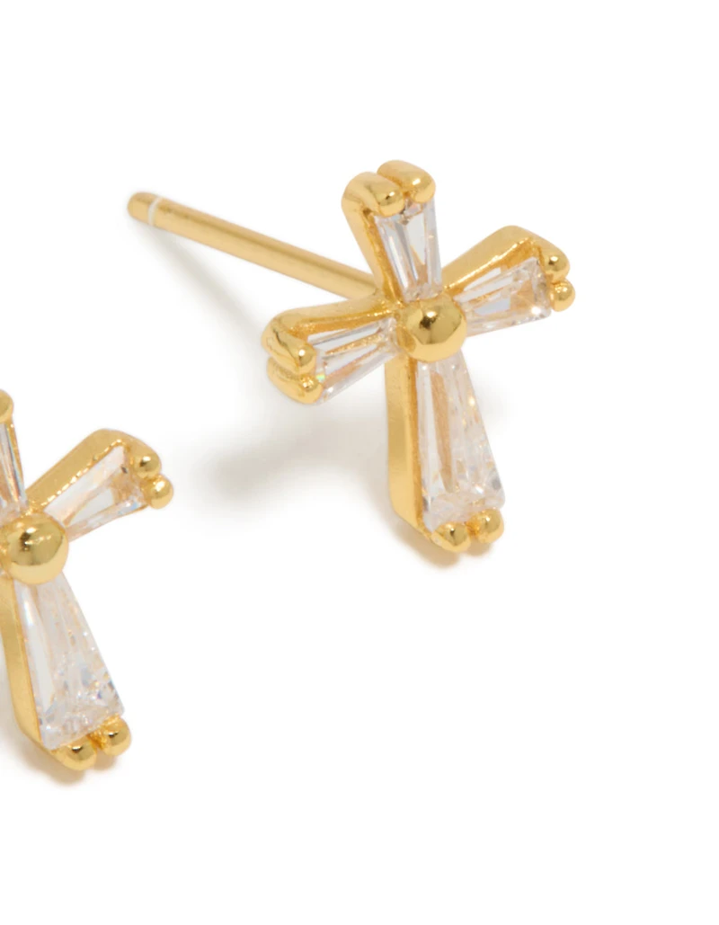 Gold Plated Sterling Silver Cubic Zirconia Cross Stud Earrings