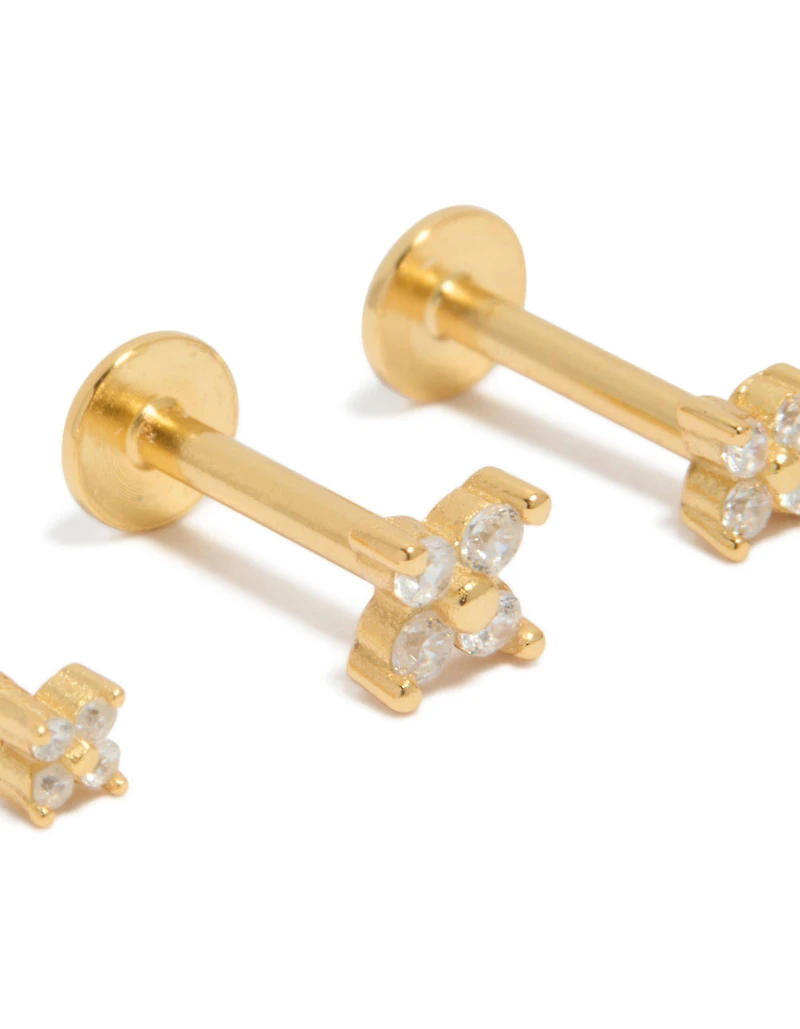 Gold Plated Sterling Silver Cubic Zirconia Flower Flat Back Studs 3-Pack