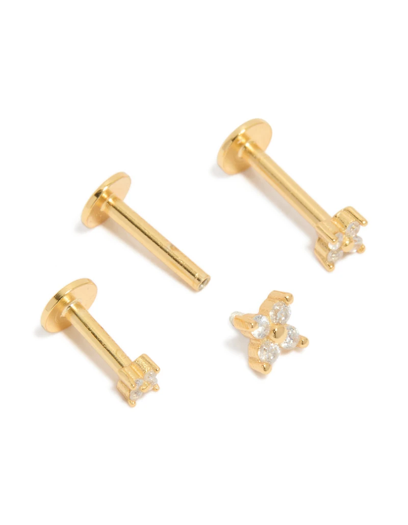 Gold Plated Sterling Silver Cubic Zirconia Flower Flat Back Studs 3-Pack