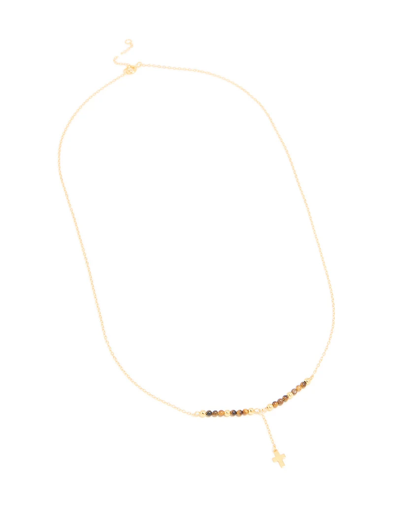 Gold Plated Sterling Silver Tigers Eye Semi Precious Stone Cross Y-Necklace