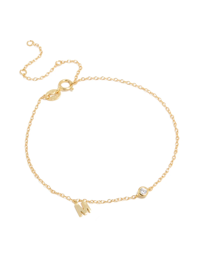 Gold Plated Sterling Silver Cubic Zirconia Letter M Bracelet