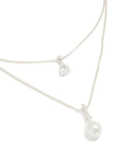 Silver Plated Double Layered Cubic Zirconia & Pearl Necklace