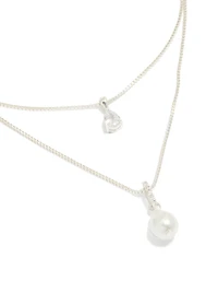 Silver Plated Double Layered Cubic Zirconia & Pearl Necklace