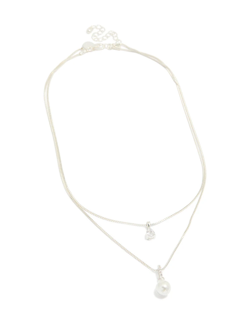 Silver Plated Double Layered Cubic Zirconia & Pearl Necklace