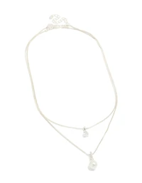 Silver Plated Double Layered Cubic Zirconia & Pearl Necklace