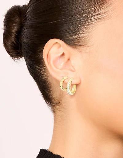 Gold Plated Cubic Zirconia Pavé Line Open Hoop Earrings 2-Pack