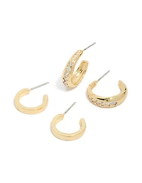 Gold Plated Cubic Zirconia Pavé Line Open Hoop Earrings 2-Pack