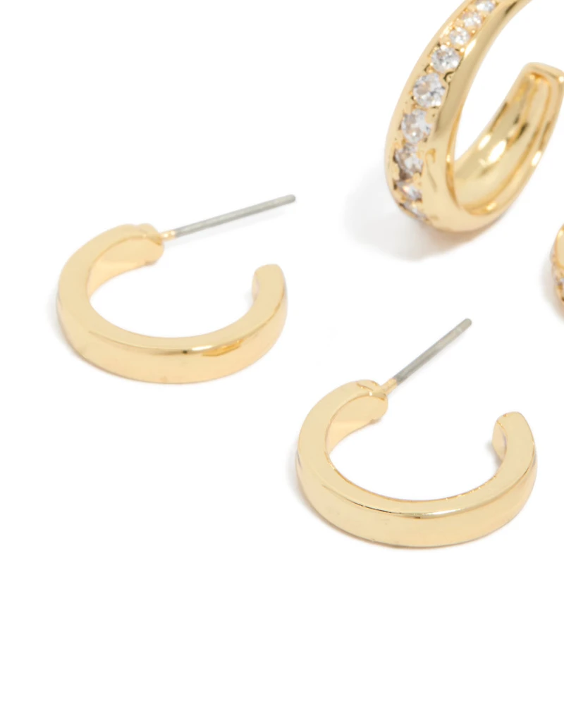 Gold Plated Cubic Zirconia Pavé Line Open Hoop Earrings 2-Pack