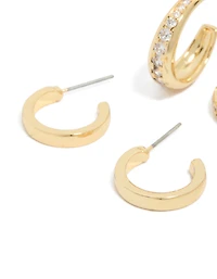 Gold Plated Cubic Zirconia Pavé Line Open Hoop Earrings 2-Pack