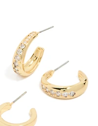 Gold Plated Cubic Zirconia Pavé Line Open Hoop Earrings 2-Pack