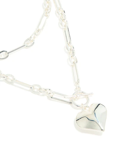 Silver Plated Heart Pendant & Chain Layered Necklace