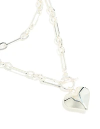 Silver Plated Heart Pendant & Chain Layered Necklace