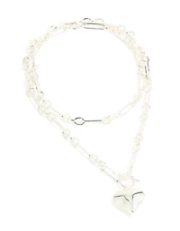 Pendentif en forme de cœur plaqué argent et collier superposé en chaîne