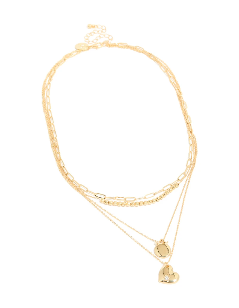 Gold Plated Cubic Zirconia Beaded Heart & Star Layered Necklace