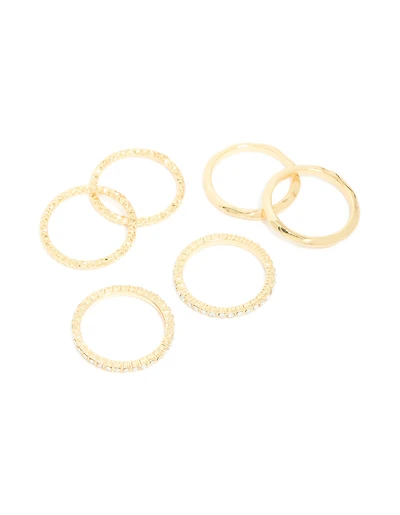 Gold Plated Multi Textured & Diamante Rings 6-Pack