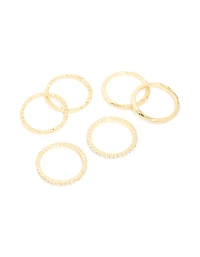 Gold Plated Multi Textured & Diamante Rings 6-Pack