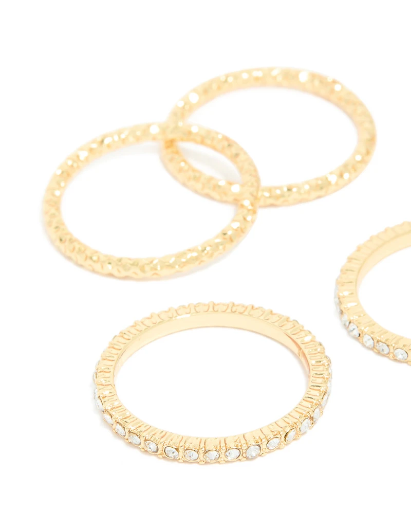 Gold Plated Multi Textured & Diamante Rings 6-Pack