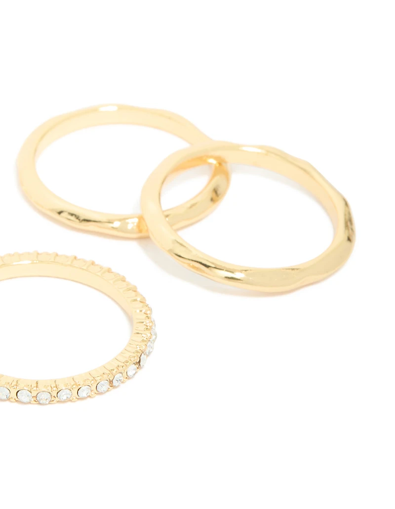 Gold Plated Multi Textured & Diamante Rings 6-Pack