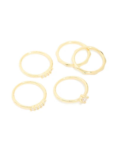 Gold Plated Cubic Zirconia & Molten Rings 5-Pack