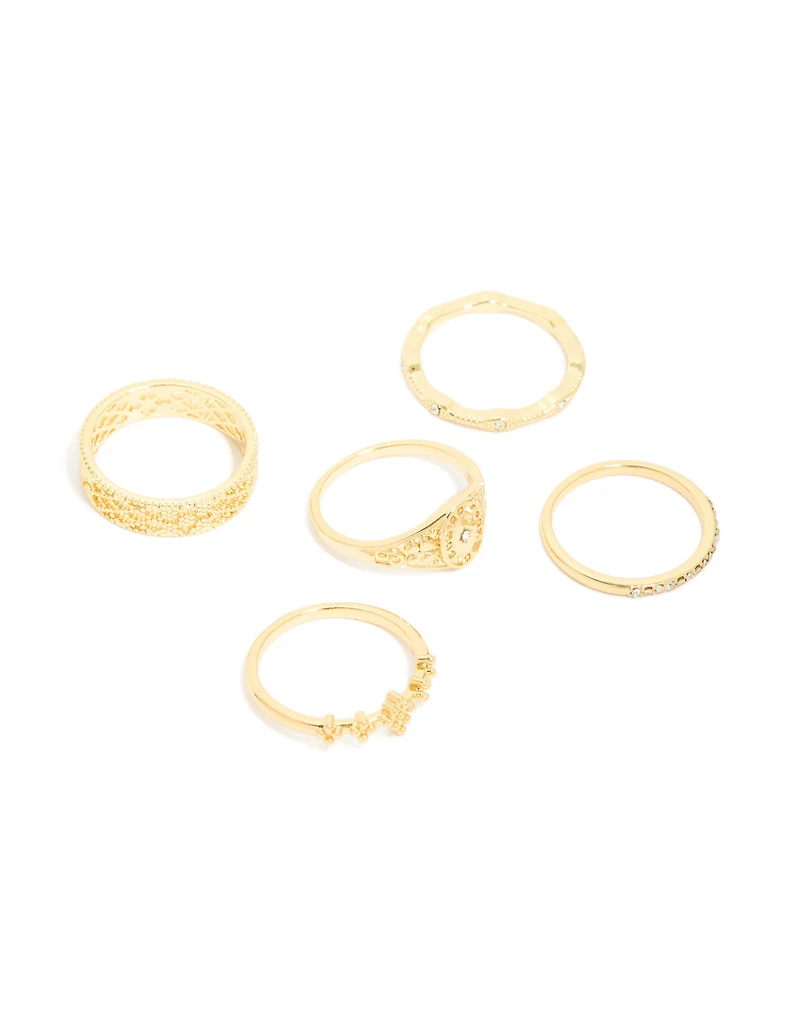 Gold Plated Diamante Gothic & Star Rings 5-Pack