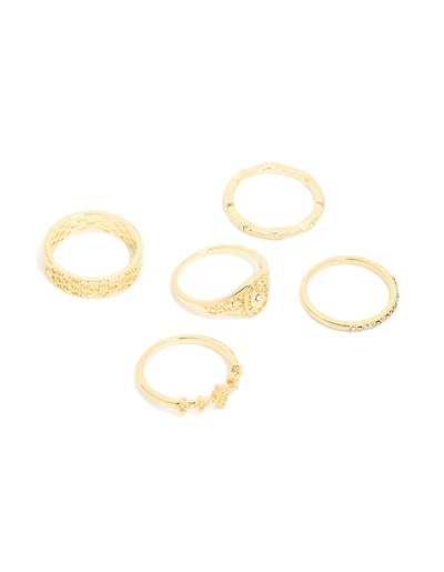 Gold Plated Diamante Gothic & Star Rings 5-Pack
